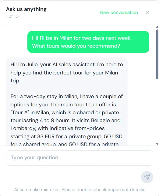 AI Agent chat: a traveler asks which tours to take in Milan