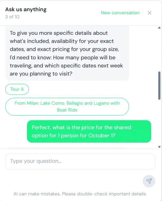 AI Agent chat: suggested tours and a follow-up question about price