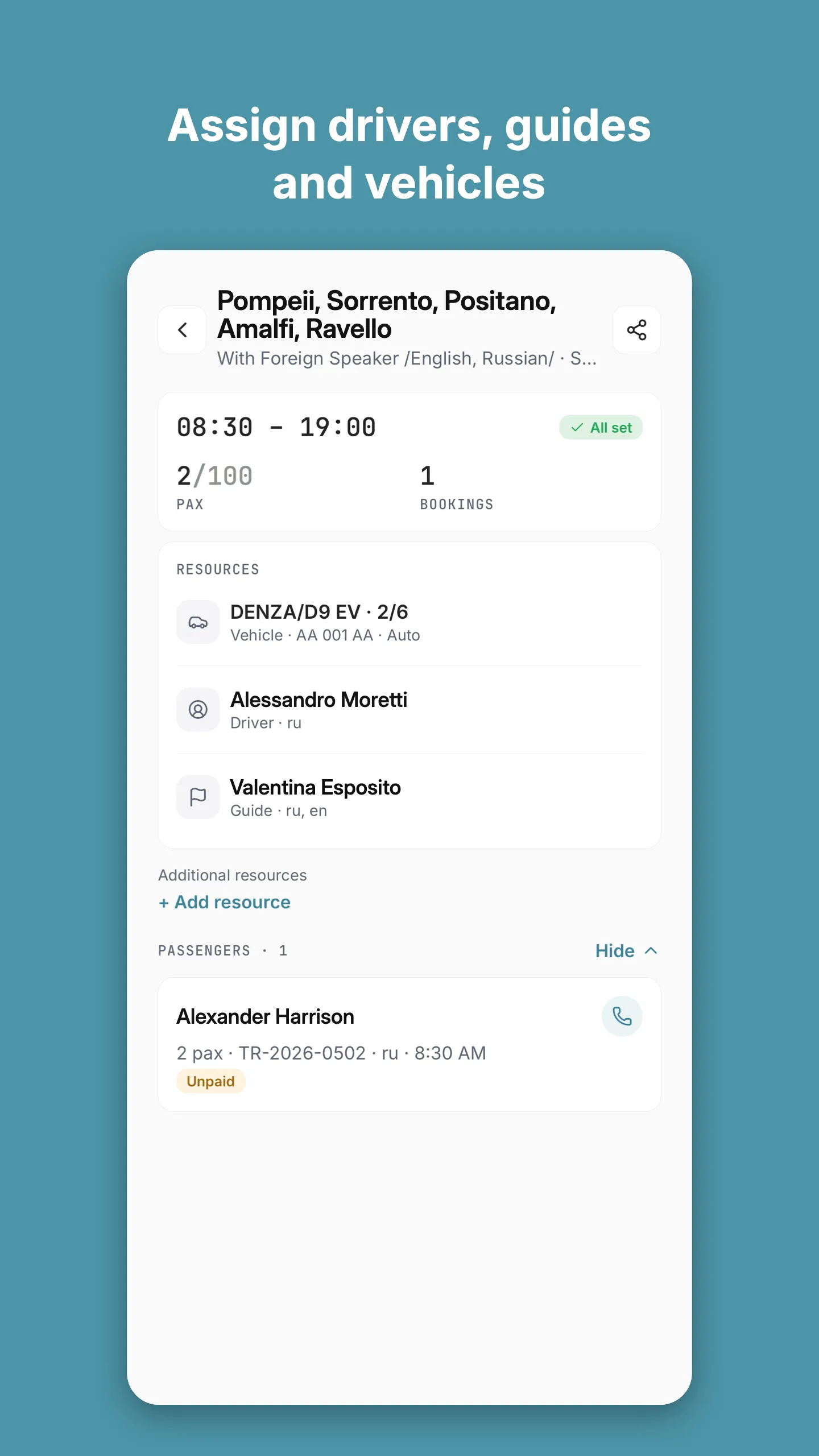 Mobile app: assigning drivers, guides and vehicles